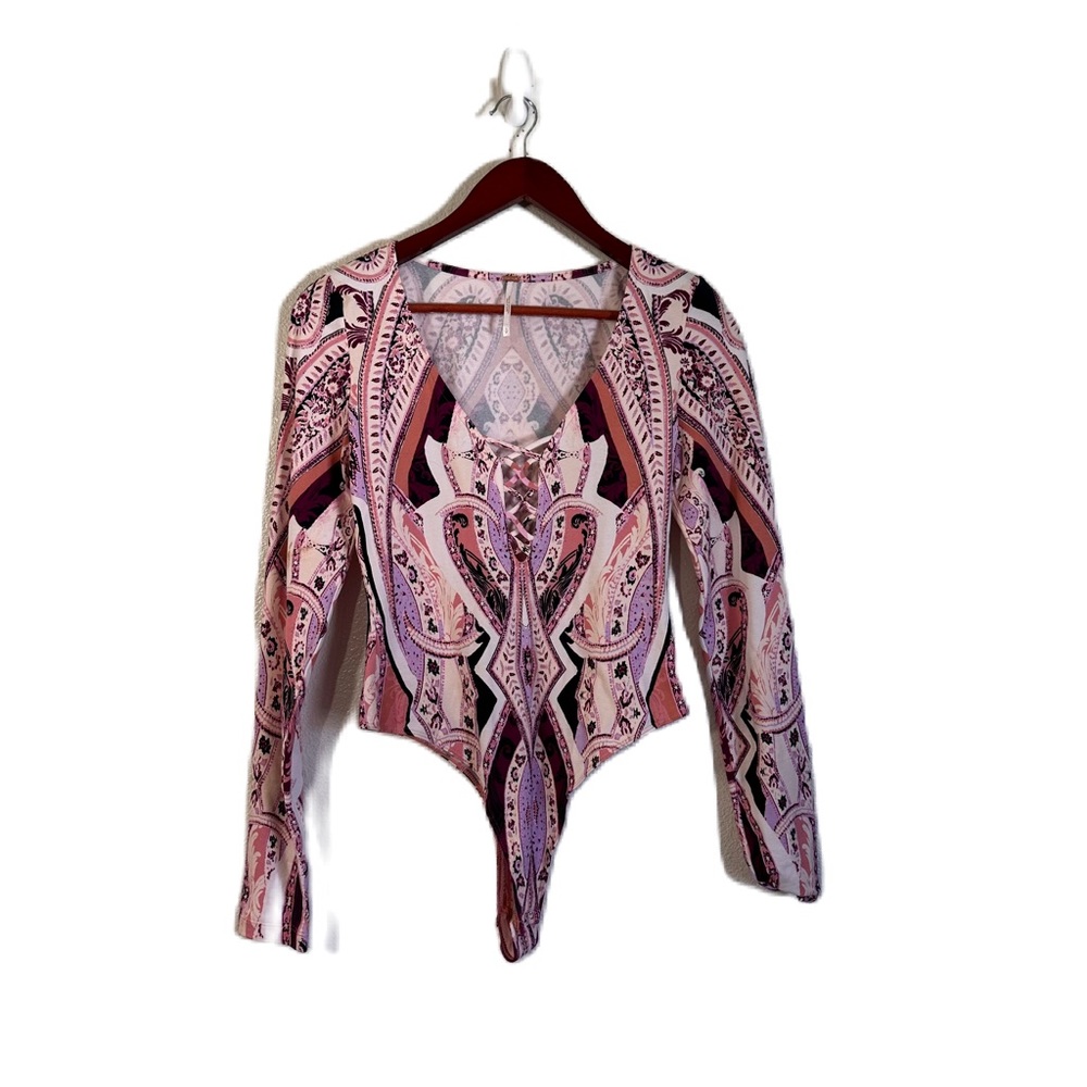 Free People Pink White Purple Patterned Criss Cross Long Sleeve Bodysuit Top